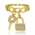 Zuola Custom Eco-friendly Brass Fashion Personality Key Lock Opening Adjustable Ring 18K Gold Plated Couple Finger Jewelry Ring