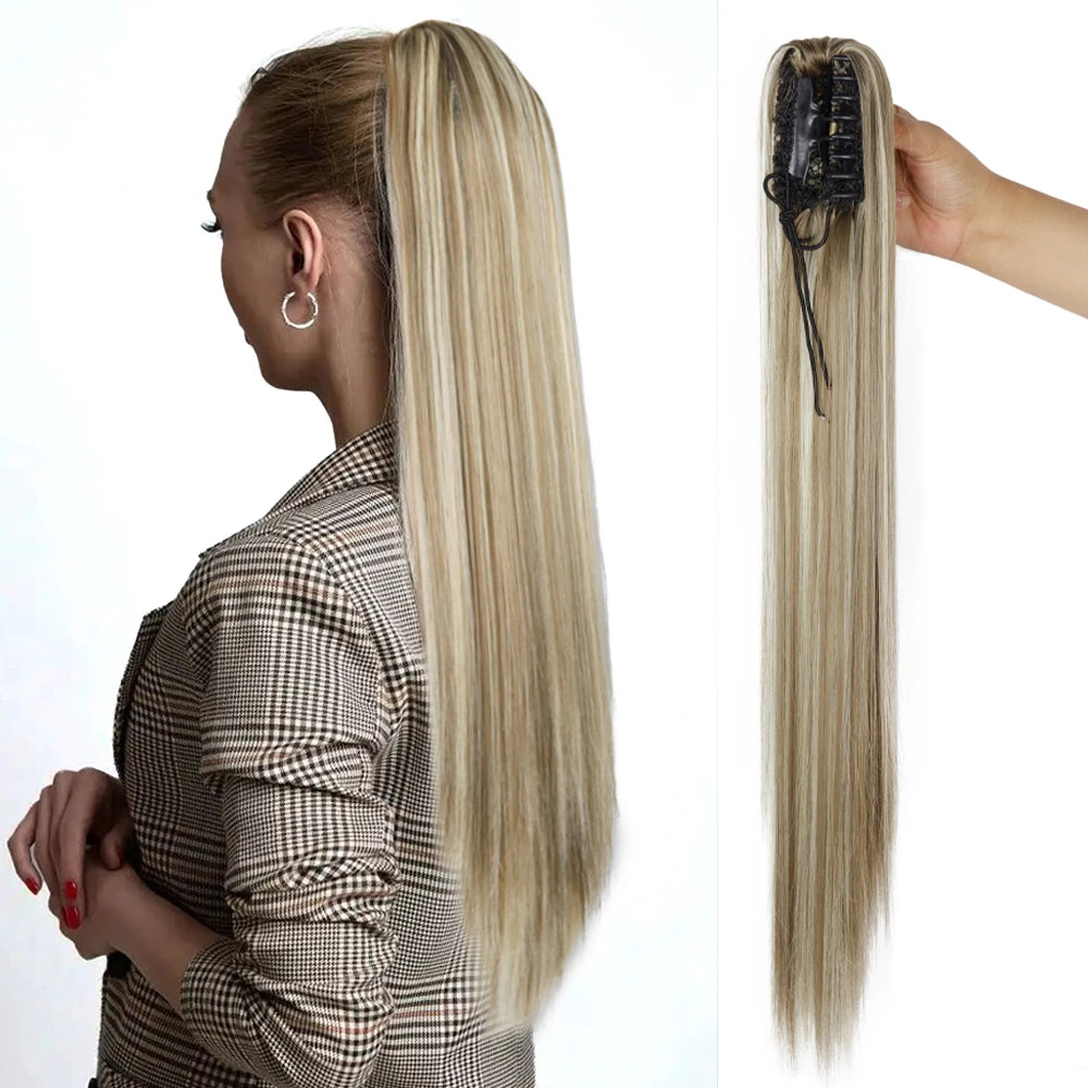 Wholesale 150g Synthetic Heat Resistant 22 Inch Long Straight Hairpiece Drawstring Clip on Ponytail with Claw Clip