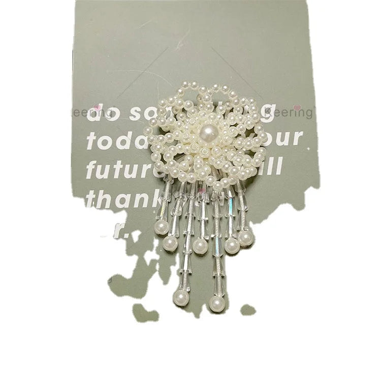 WPHB-1037 Keering Handmade Sew on 3d Pearl Flower Beads Hat Patches for Jewelry Making Wedding Dress With Fringe