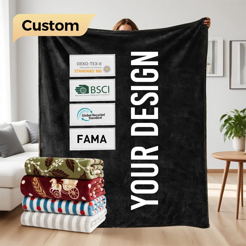 OEM Factory Custom 100% Polyester Logo Print Oversized Eco-Friendly Fleece Throw Blanket Joyous Airplane Travel Solid Character