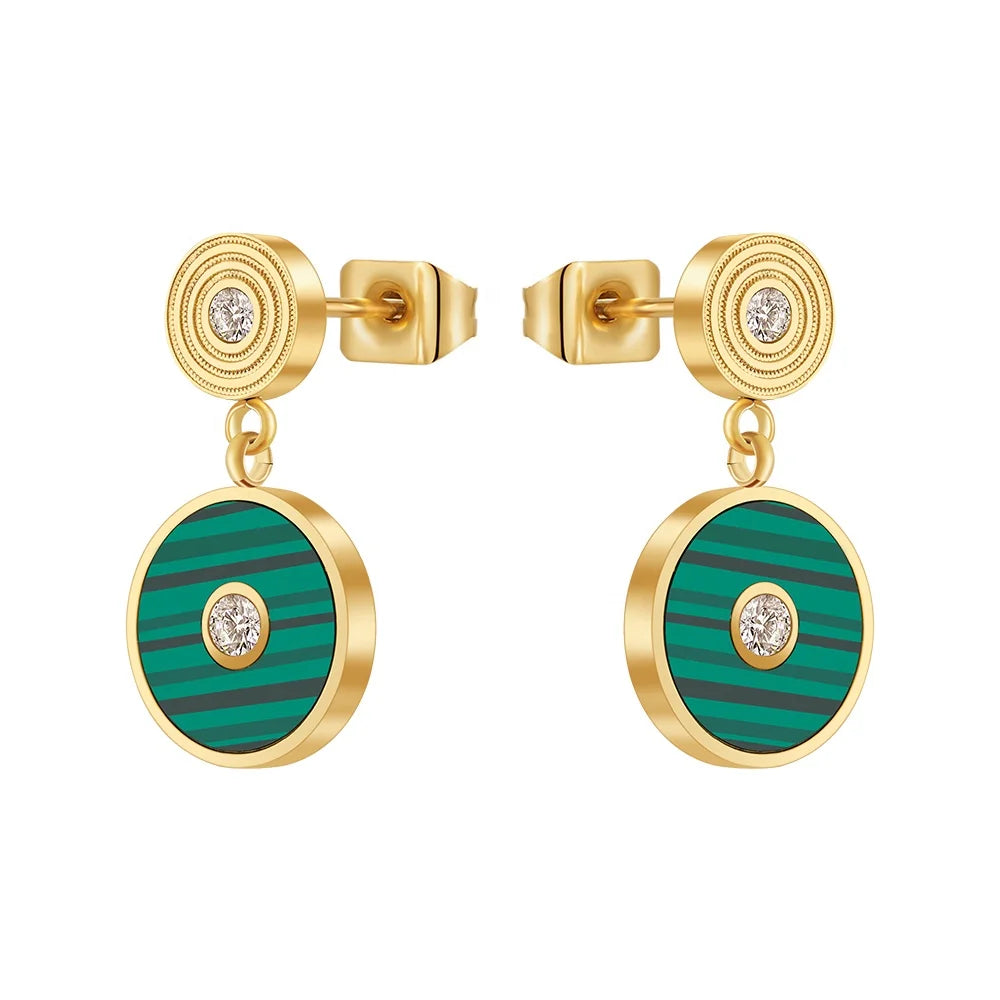 Original Design 18K Gold Plated Stainless Steel Jewelry Round Thread Green Stone Zircon Ear Stud for Woman Gift Earrings E231469