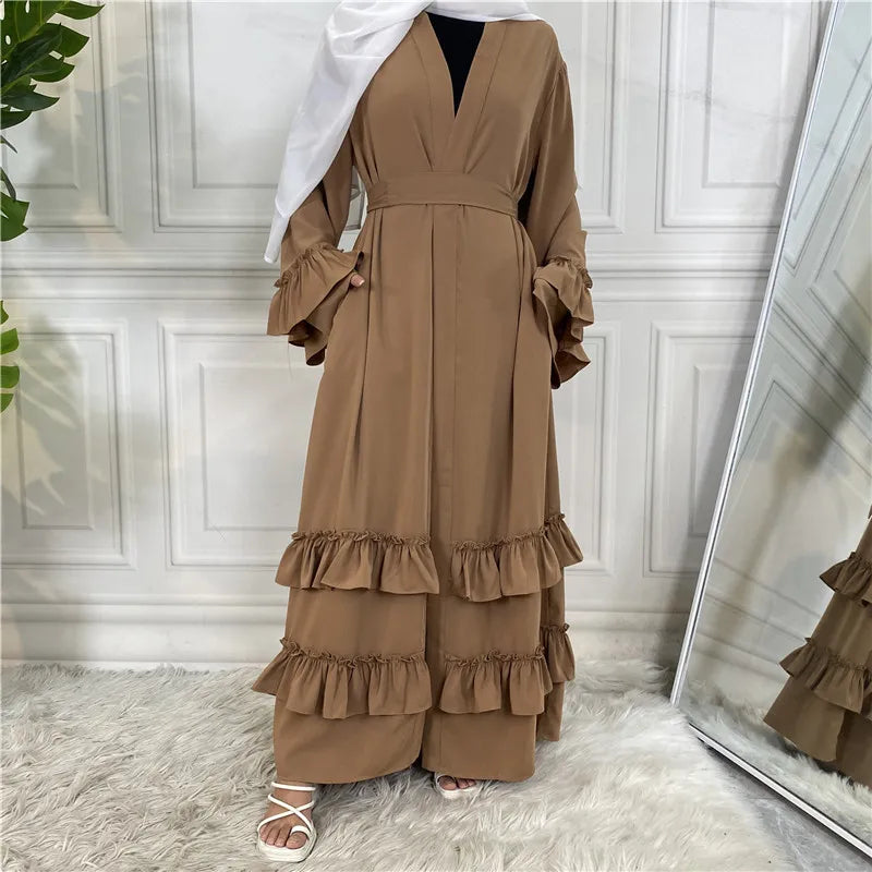 Abaya Cake Dress Nida Ruffle Sleeve Islamic Clothing Kimono Cardigans Muslim Prayer Open Abaya With Pockets