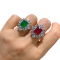 Inlay Pigeon Blood Ruby Diamond Ring Anillo Adjustable Iced Zircon Rectangle Emerald Engagement Ring Women