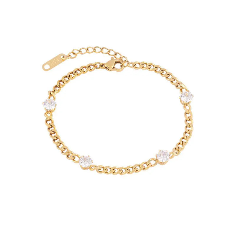 Gold Plated Stainless Steel Bracelet Jewelry Crystal Cuban Chain Zircon Bracelets