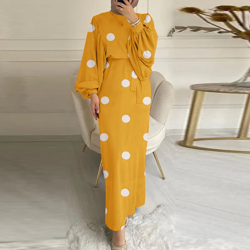 S-XXL Spring Muslim Dress Casual Long Sleeve Robe Retro Women's Printed Dotted Sun Crew Neck Dress