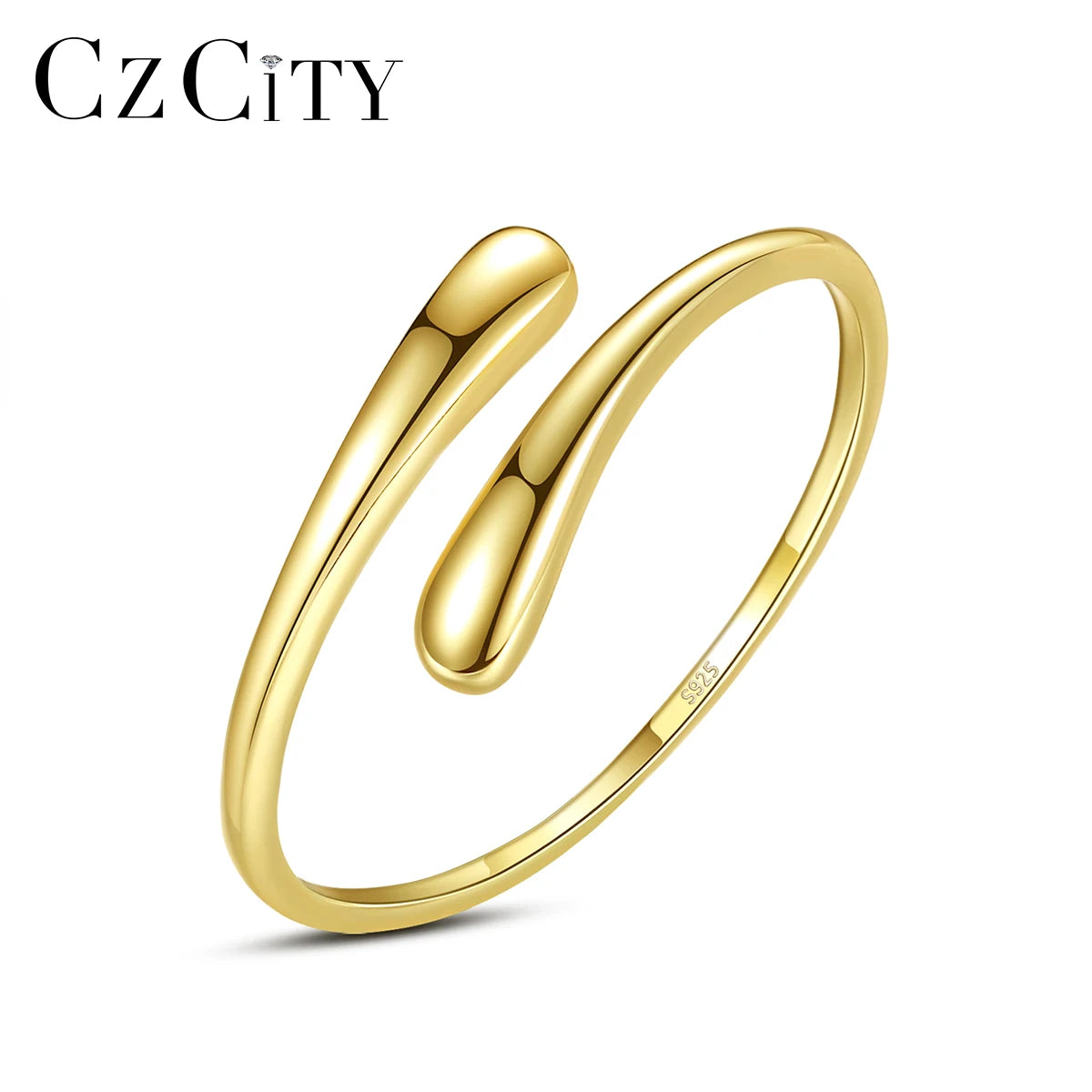 14K Gold-Plated Smooth Drop Shaped Ring 925 Sterling Silver Opening Adjustable Size Female Ring Wedding Jewelry Wholesale