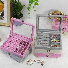 Wholesale Jewelry Packaging Ring Necklace Pink Gray Plush Velvet Travel Jewelry Box Organizer with Glass Window