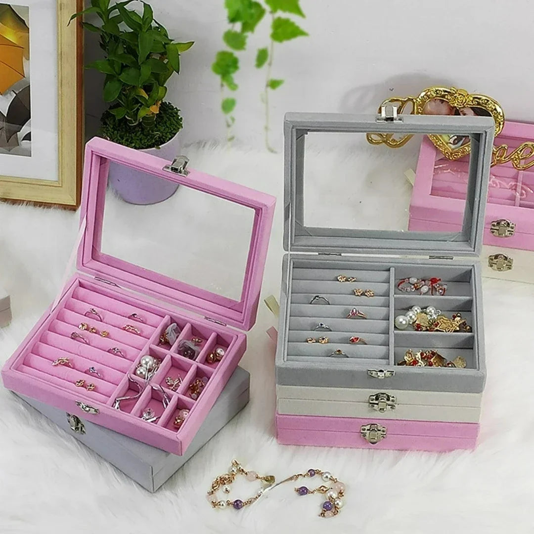 Wholesale Jewelry Packaging Ring Necklace Pink Gray Plush Velvet Travel Jewelry Box Organizer with Glass Window