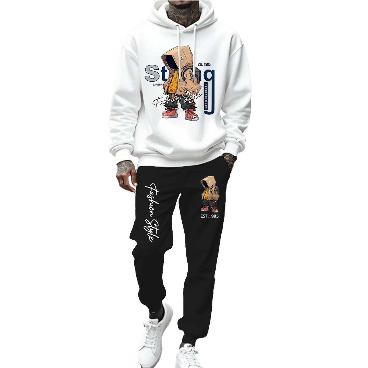 Men's Trendy Winter Hoodie Set with Custom Logo Knitted Street Style Cartoon Print Personalized Attitude Clothing