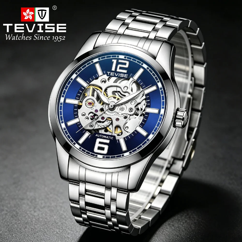 TEVISE Luxury Automatic Mechanical Skeleton Watch for Men with Alloy Case Stainless Steel Strap Waterproof