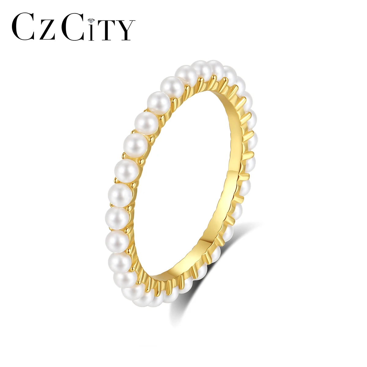 CZCITY Silver Glass Pearl Finger 925 Sterling Dainty Trendy Girl Jewelry New Gold Woman Stackable Band Ring