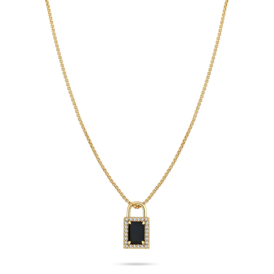 YILUN Vintage Style 14K 18K Gold Plated Lock Shaped Agate Pendant Necklace Womens Elegant Luxury Jewelry