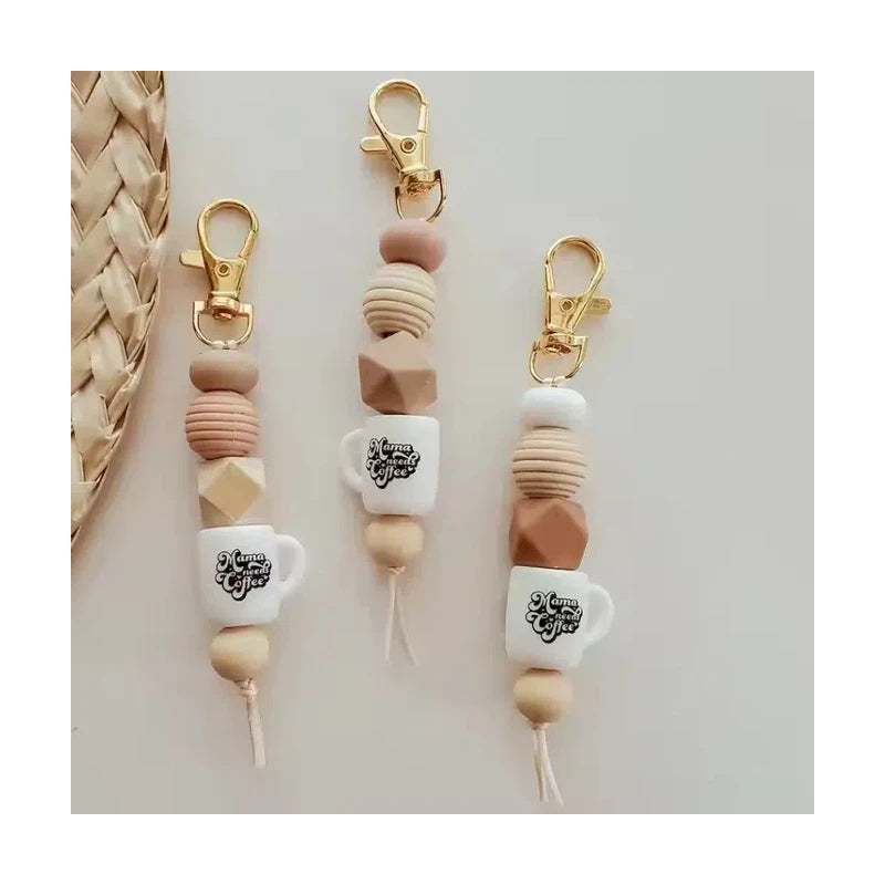 Neutral Silicone Beads Keychain Boho Coffee Cup Wood Beaded Keychain Bag Charm Gifts