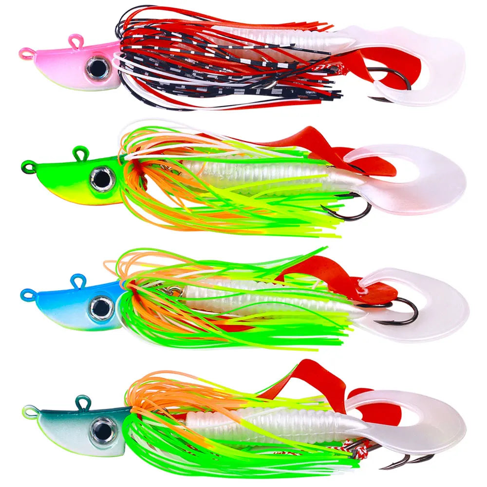 4 Colors 20g Metal Fishing Jigs Lure Lead Head Jigs With Rubber Skirt and Soft Lure Tail Spinner & Rubber Jig