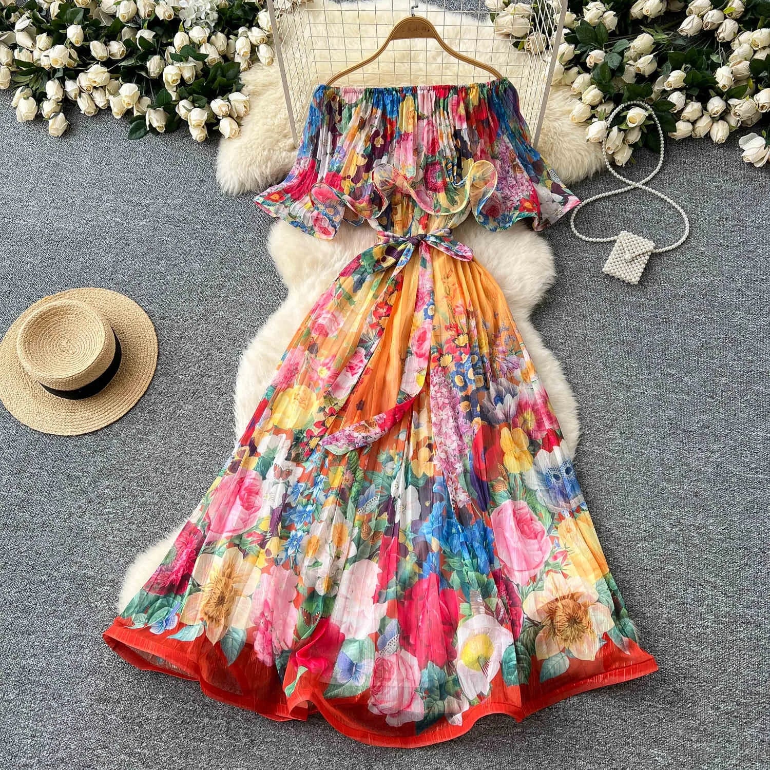 Vacation Style One Shoulder Ruffle Printed Dresses Women Spring Chiffon Long Dresses