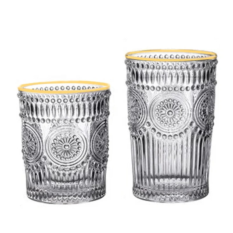 Machine Made Thick Sunflower Embossed Whiskey Tumbler Glass