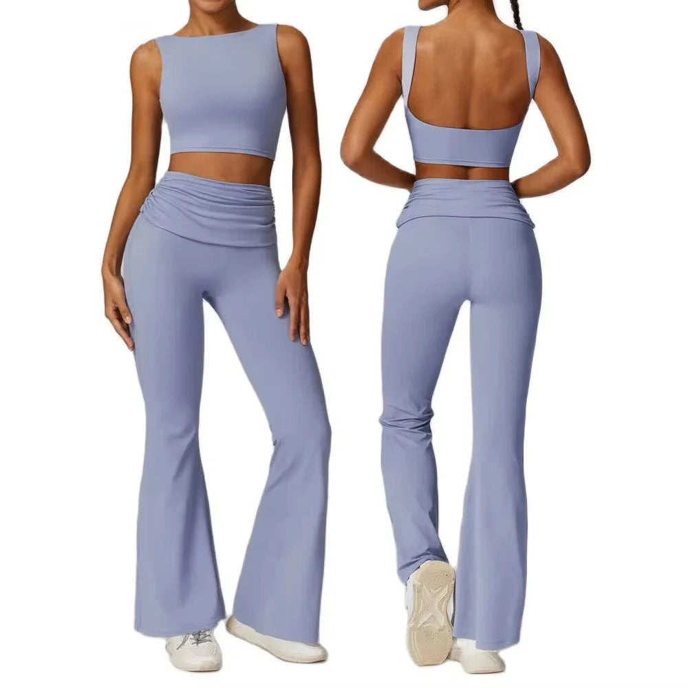 Women Flared Leg Workout Set with Sleeveless Crop Top and High Waisted Bell Bottom Pants 2 Piece Athletic Yoga Clothing