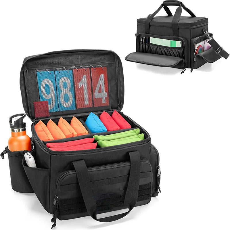 Professional Detachable Divider Molle Straps with Multiple Pockets Black Cornhole Bag for 14 Bean Bags Essentials Beach Toys