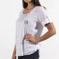 Women's Knitted Cotton Linen Blouse Button Sleeve Crew Neck Casual Loose Fit Pleated Front Logo Summer Print Pattern