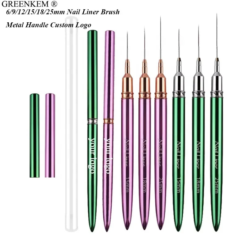 1PC Metal Handle 6/9/12/15/18/25mm Nail Liner Brush Nylon Hair Nail Painting Pen Green Nail Art Liner Brush