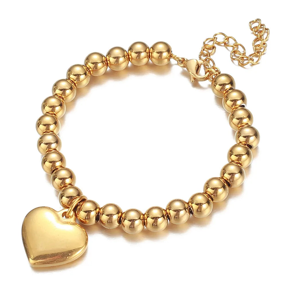 6mm Beads Bracelet with Heart Charm Gold Plated Dainty Boho Stainless Steel Bracelets Jewelry Gift for Women