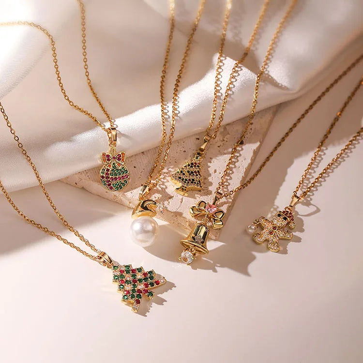 NZ1494 18K Gold Plated Christmas Bell Tree Gingerbread Pendant Necklaces Micro Pave CZ Holiday Jewelry Gifts