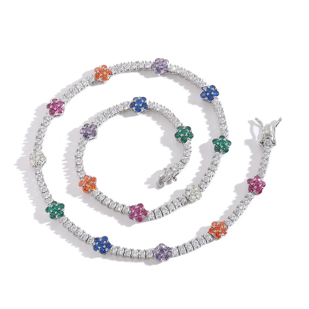 Stunning 3mm Multicolor Flower Tennis Chain Necklace Iced Out Brass 18K Gold Plated Women's Fashion Jewelry