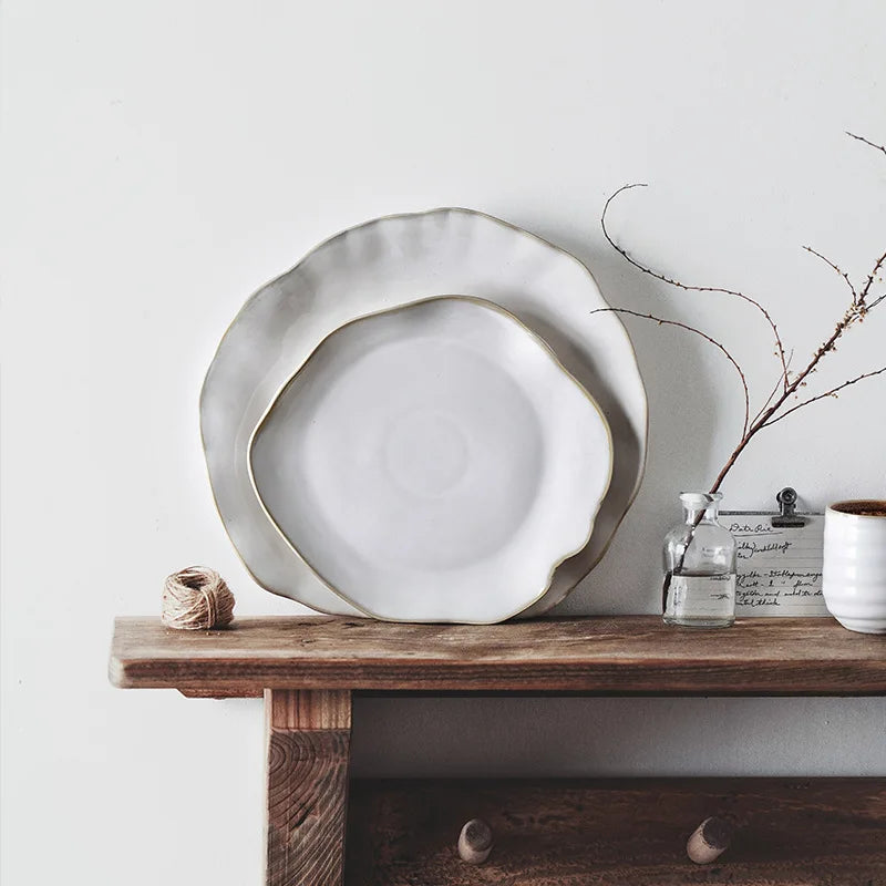 Nordic Eco-Friendly Ceramic Tableware Set Irregular Rice Bowl Dessert Salad Bowl Flat Plates for Restaurant Use
