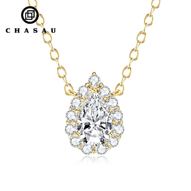 S925 Sterling Silver Wedding Gem Necklaces 1 Carat 1ct Pear Shaped Moissanite Halo Waterdrop Necklace Pendant for Women