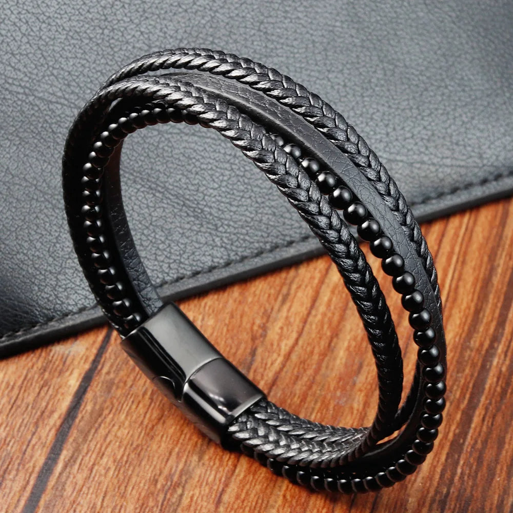 Hot Selling Creative Mens Leather Bracelet With Magnetic Clasp Multi-layer Braided Leather Black Natural Stone Beaded Bracelets