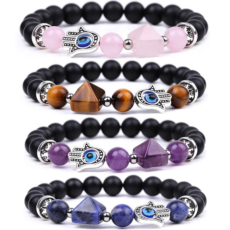 Wholesale Natural Stone Beads Bracelet for Men and Women Elastic Amethyst Rose Quartz Tiger Eye Crystal Pyramid Bracelet