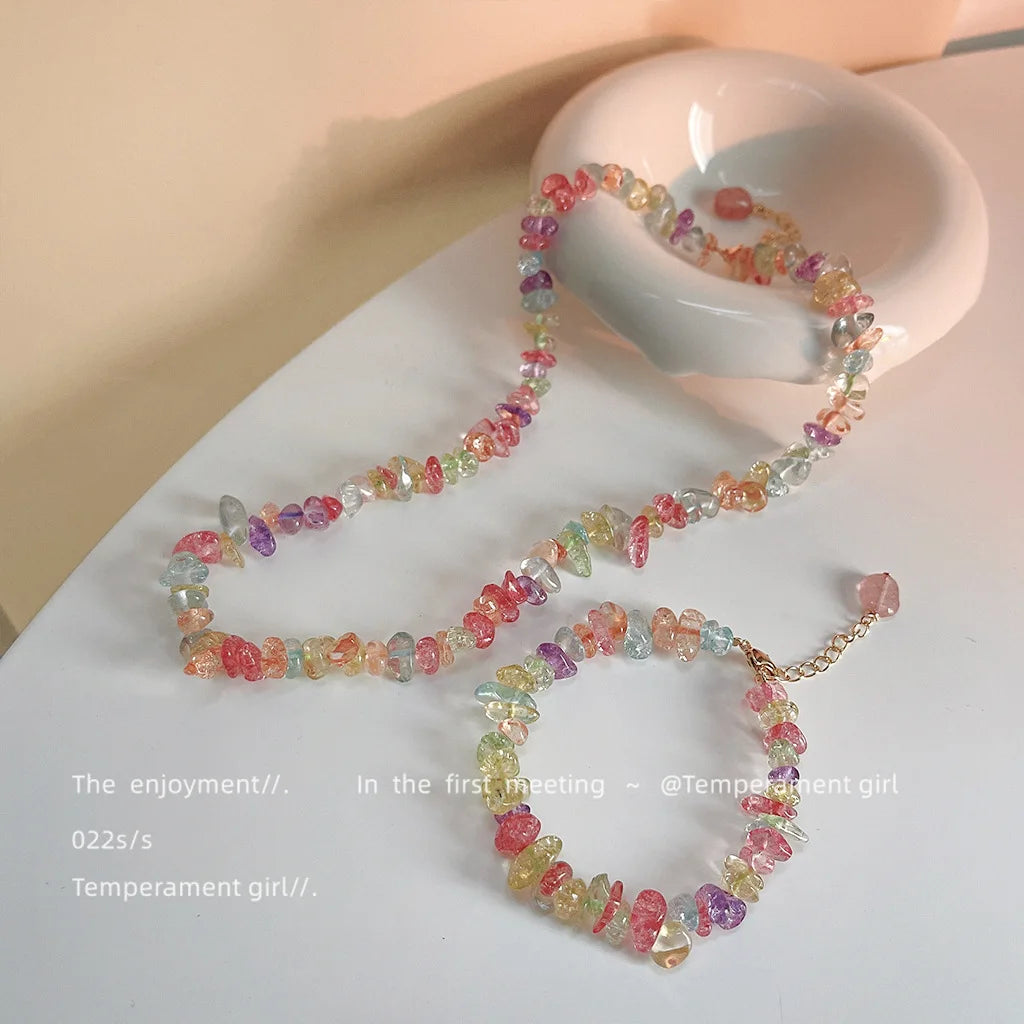 Summer Colorful Hand-made Design Crystal Glass Necklace Colorful Bracelet Set Bead Glass Bead Cute Personality Bracelet