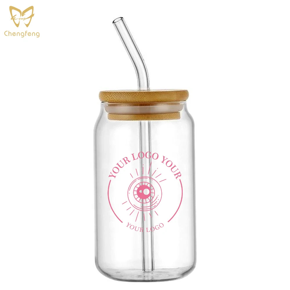 Clear Beer Glasses 12oz 16oz Double Walled High Borosilicate Glass Can Cup With Bamboo Lid and Straw Beer Stein
