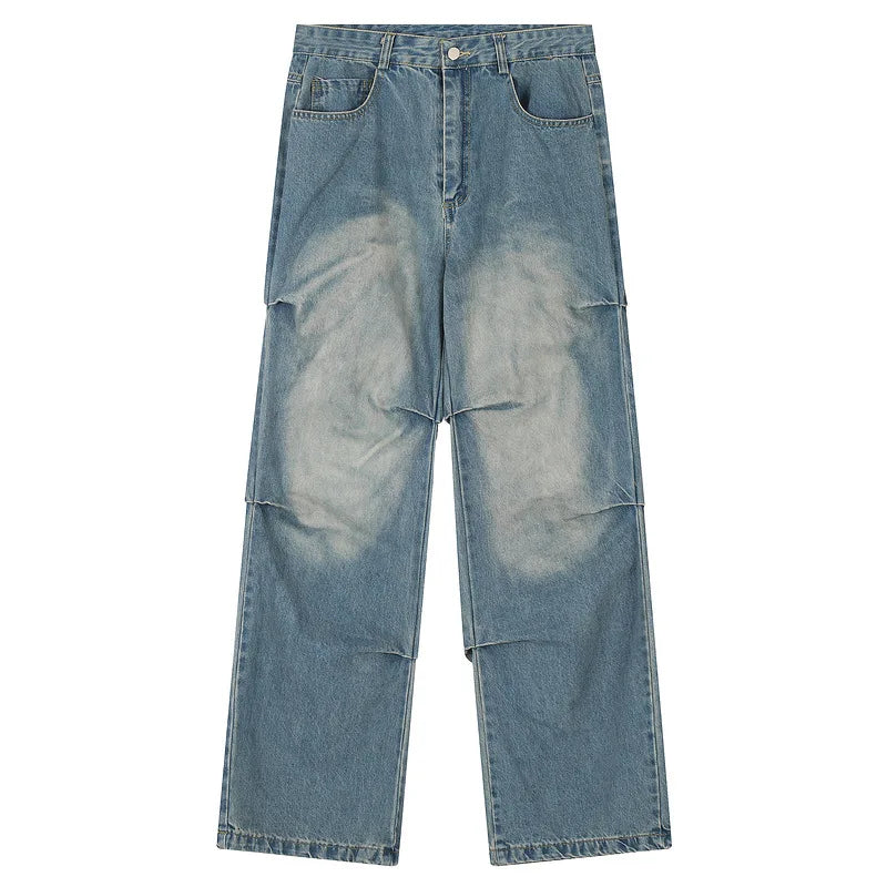 Streetwear Mens Denim Baggy Jeans Stonewashed Button Summer Autumn Winter Retro Distressed Straight Wide-leg Loose