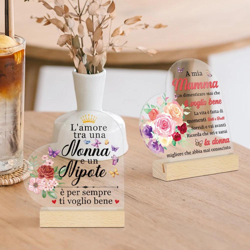 Wedding Sentiments Heart-Shaped Acrylic Sign with Italian Birthday Quotes and Wooden Base Desk Decoration
