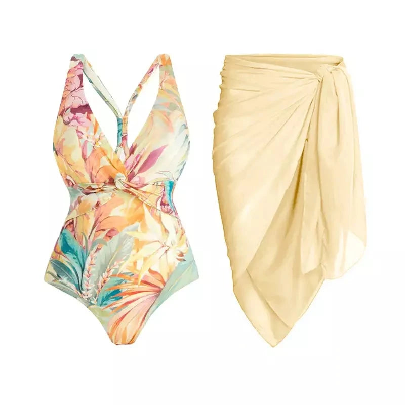 JSN Customize New Fashion v Neck Floral Printed One Piece Swimsuit and Sarong Bohemian Bathing Suit Floral Print With Skirt