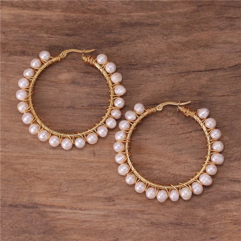 Exquisite White Freshwater Pearl Beaded Gold Wire Wrapped Hoop Earrings Boho Stainless Steel Dangle Earrings for Women Wholesale