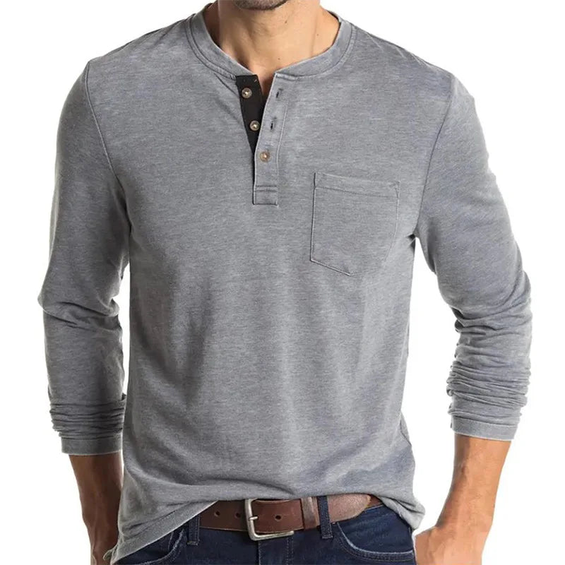Fashion T-shirt Men Elegant Fashion O Collar Solid Color Long Sleeve Pocket Top Men Commuter Shirts
