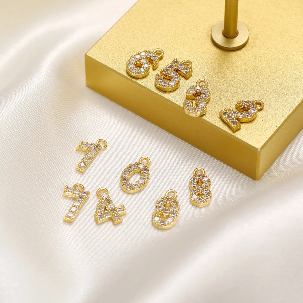 Diy Jewelry Diamond Charms Brass 18K Gold Necklace Bracelet Earring Making 0-9 Birthday Year Zircon Initial Number Pendant