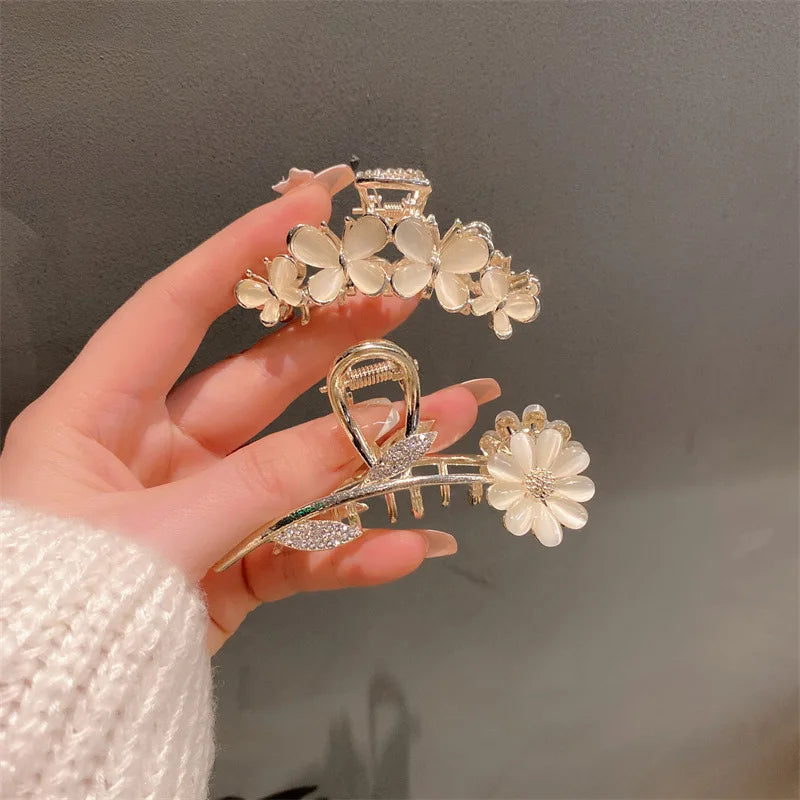 Korea Daisy Flower Cat's Eye Advanced Sense Rhinestone Checkerboard Colorful Hairpin Back Head Hair Clip Female Hair Accessories