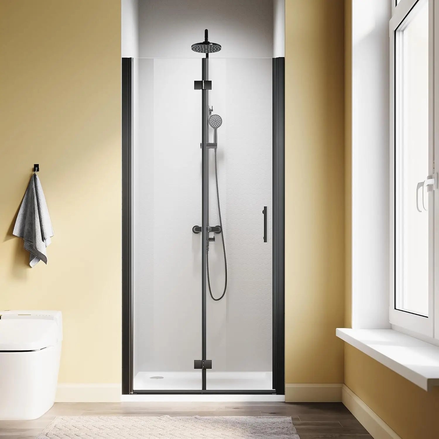 Shower Door 34" W X 72" H 1/4" Tempered Glass  Foldable  Easy To Clean Black