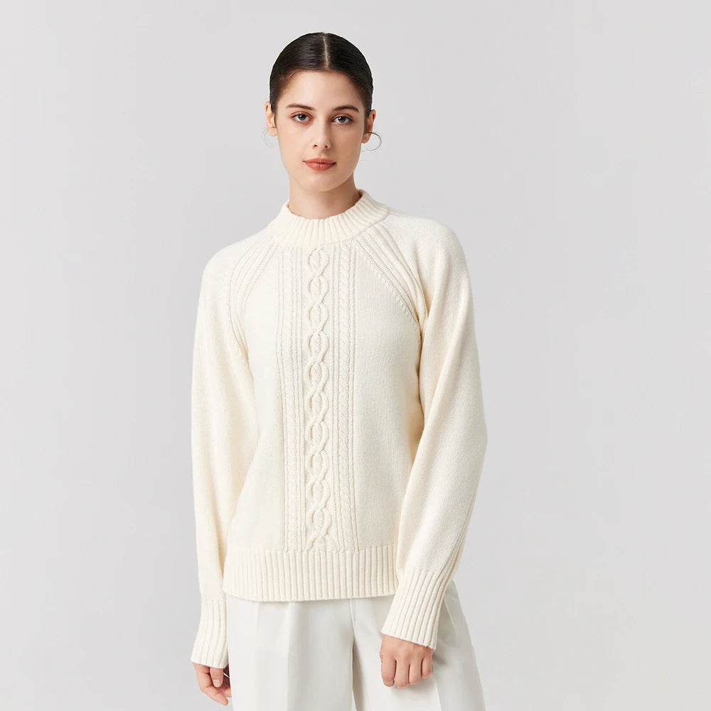 Autumn Winter High Quality Wool Sweater O-neck Twist Harf Turtleneck Knitted Pullover Loose White 100% Wool Sweater for Women