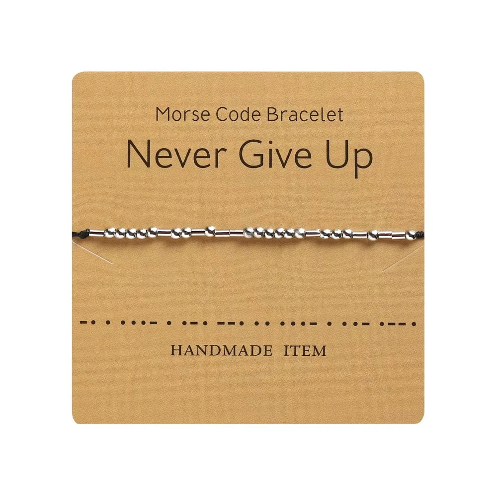 RisingMoon Card Brazalete Black Rope Braided Morse Code Charm Silver Beads Bracelets for Couple