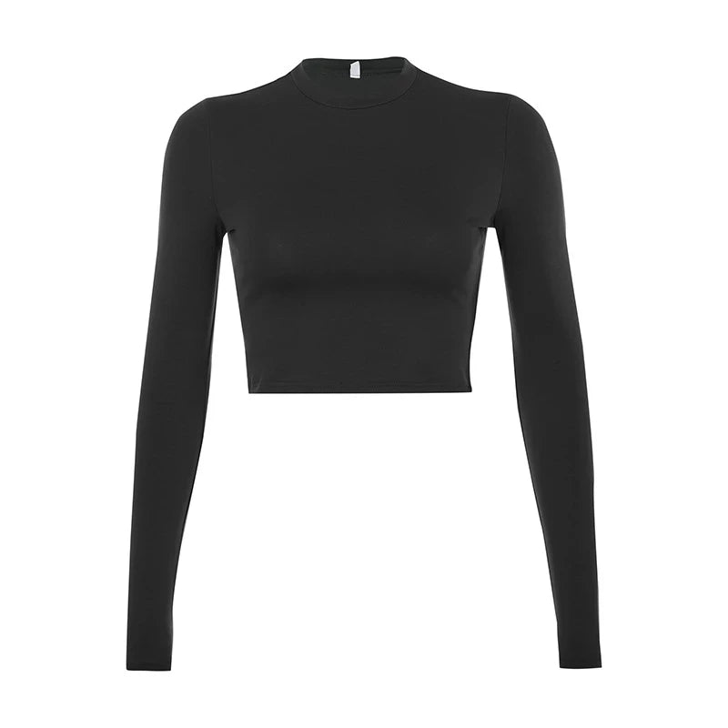 Solid Basic Long Sleeve Womens Tshirt Casual Black White Fashion T Shirt Ladies Fashion Korean Tee Crop Top Shirt