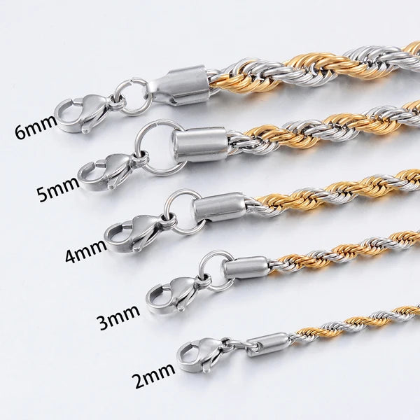 Stainless Steel Two-tone 2mm-7mm 40cm-70cm Rope Chain Necklace  Hip-hop Necklace Real Gold Plated for Women Men Teen
