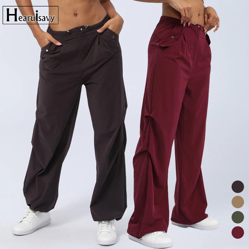 HEARUISAVY Spring High Waist Quick Dry Sports Pants Women Jogging Leggings Workout Loose Straight Pants Drawstring Casual Pants