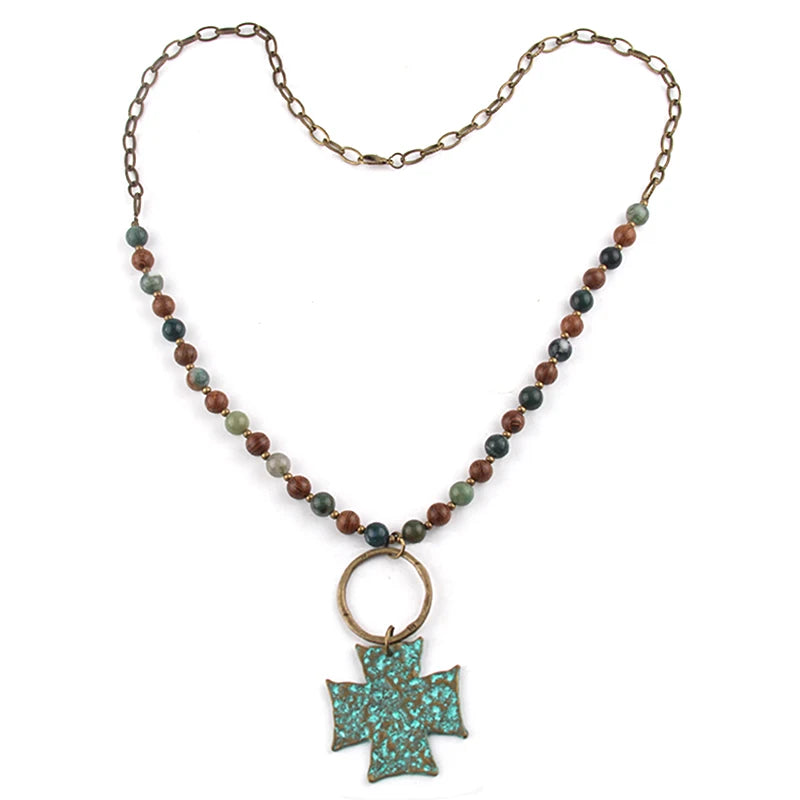 Best-selling Vintage Ethnic-style Handmade Bronze Chain with Natural Stone Cross Leaves and Multi-element Pendant Necklace