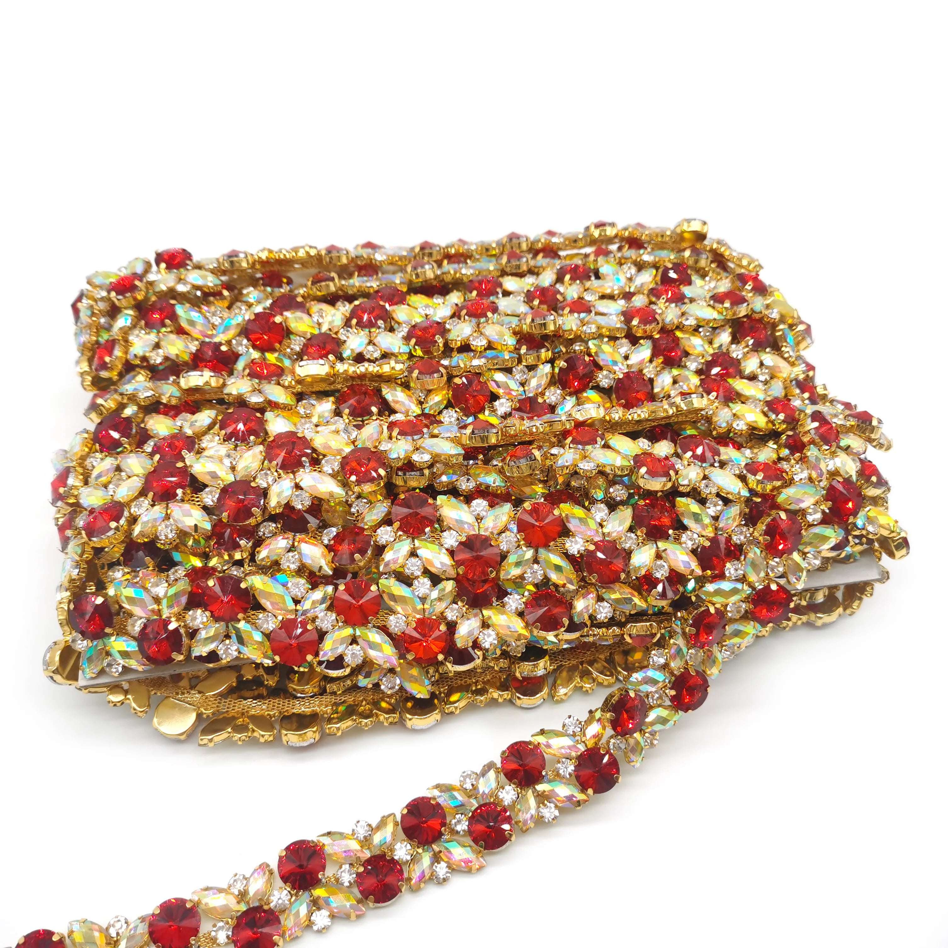 Gold Metal Red Color Rhinestone Fringe Trim Rhinestone Trimming Chain Decorative Jewelry Trimming for Carnival Costumes