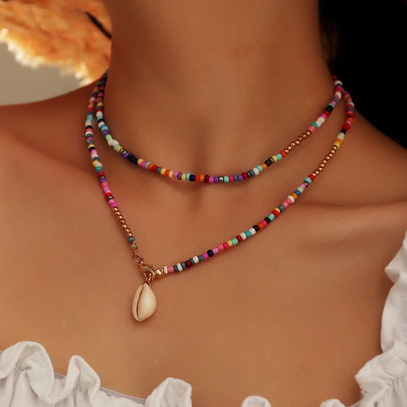 Bohemian Colorful Seed Bead Shell Choker Necklace Puka Shell Choker Necklace Cowrie Shell Necklace for Women and Girls