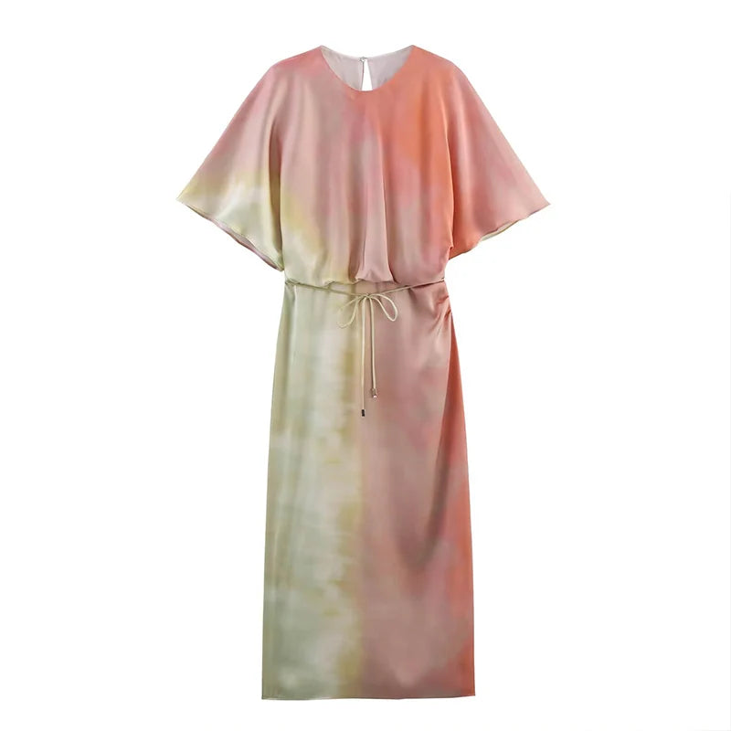 ZATRHMBM Summer Women's Clothing 2025 New Fashion Tie-dye Print Dress Retro Round Neck Short Sleeve Midi Female Dress